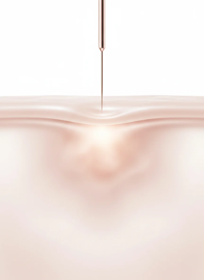 Semi-realistic cross-section of skin: a microneedle reaching the softly glowing papillary dermis, 300 microns below the surface